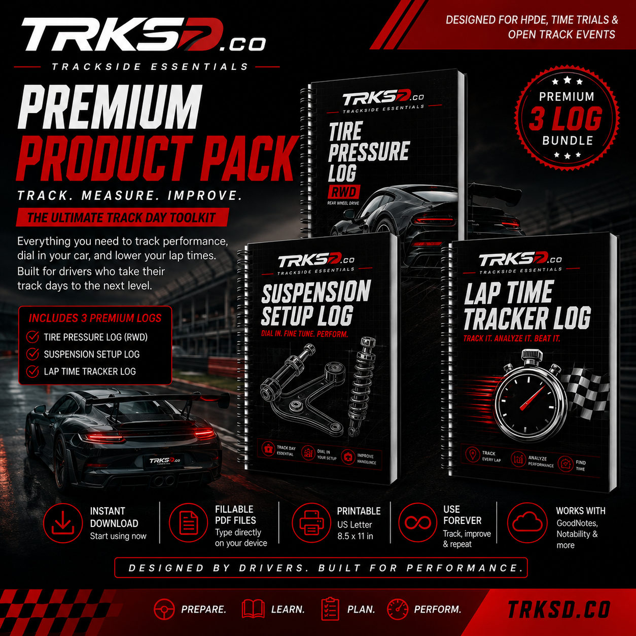 TRKSD Premium Product 3 Pack - Tire, Suspension, Lap Timer Log